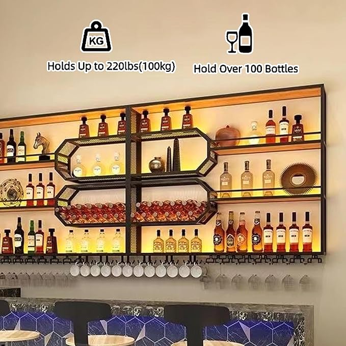 4-Tier Wine Rack Wall-Mounted & 47Inch Large Bar Shelf for Liquor Bottles, Black Metal Storage for Wine and Liquor Bottles in Home Bars or Dining Rooms (No Lighting, Left)