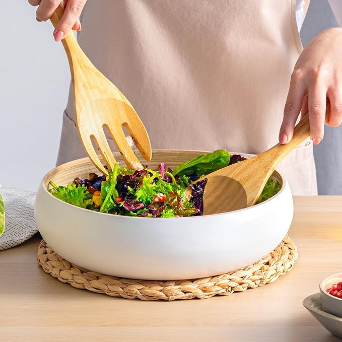 Dehaus짰 Large Premium Bamboo Salad Tongs - Eco Friendly Wooden Serving Spoons - Salad Serving Utensils - Salad Tosser Forks - Giant Wood Salad Servers - 12 inch Salad Hands