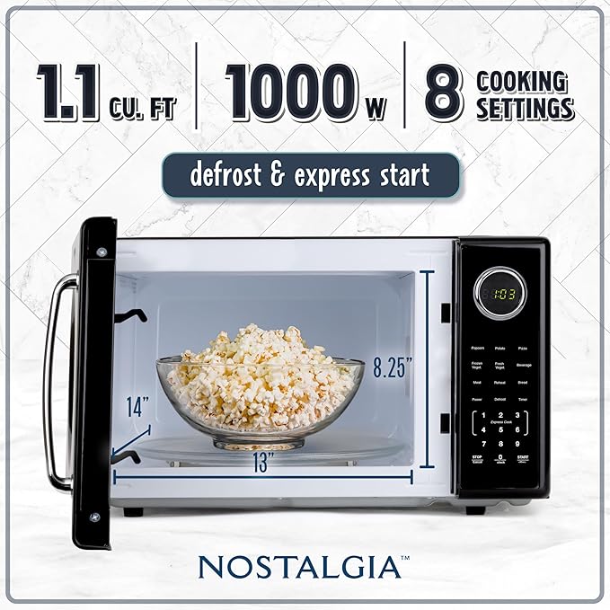 Nostalgia Retro 1000W Microwave Oven 1.1 Cu Ft Capacity ??Child Safety Lock, 8 Auto-Cook Settings ??Countertop Kitchen Appliance ??Black