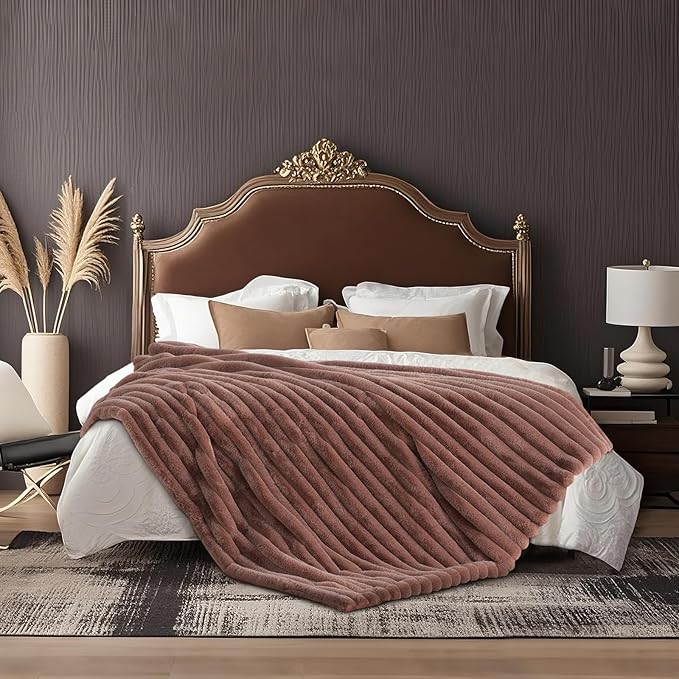 Am챕lie Home Faux Fur Throw Blanket for Couch, Ultra Cozy Fuzzy Fluffy Fur Luxurious Soft Striped Plush Gift Blankets for Family Sofa Chair Bedroom, 60"x80", Cationic Fox Brown