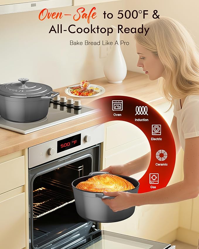 Nuwave 6QT Healthy Enameled Cast Iron Dutch Oven Pot with Lid, Heavy Duty 7-Layer Enamel, Enhanced Rust Protection, Dual Handles, Oven Safe to 500째F for Sourdough Bread Baking, Braise, Stew, Roast