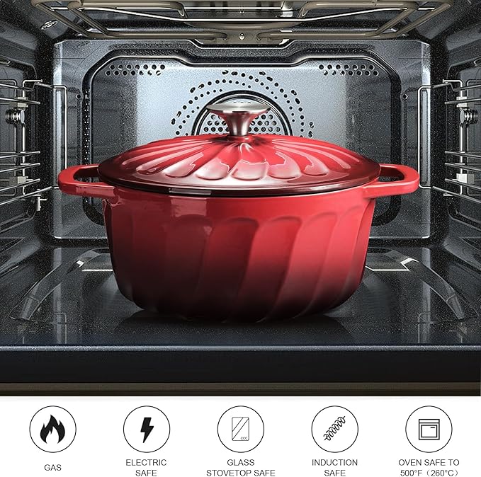 Enameled Cast Iron Dutch Oven Pot with Lid, 3 QT Dutch Oven for Bread Baking, Heavy Duty Cast Iron Pot for Braising, Cook, Bake, Oven Safe across All Cooktops (Gradient Red,3 QT)