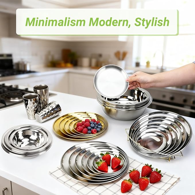Stainless Steel Plates, 6 Set 6.7 inch Mini 201 Metal Food Serving Plate, Reusable Snack Eating Dishes Round Sturdy Brushed Finish Dish Silver Dinnerware for BBQ Dinner Oven Dishwasher Safe