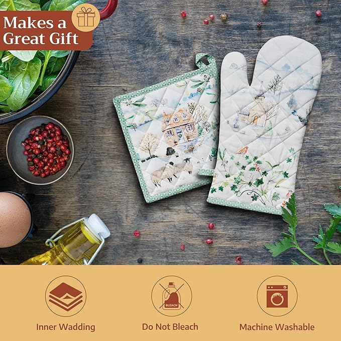 Maison d' Hermine 100% Cotton Oven Mitt & Pot Holder Set (7.5"x13" & 8"x8") Heat Resistant BBQ Cooking Gloves with Loop for Thanksgiving Christmas Decorations Handling Hot Pans (Snowy World)