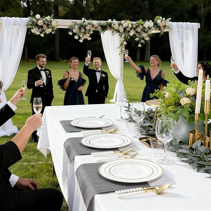 200PCS White Plastic Plates with Gold Rim, Disposable Heavy Duty Plastic Plate, 100 Dinner and 100 Dessert Plates for Party and Wedding
