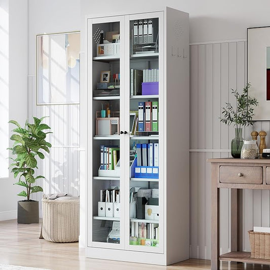 Kitchen Pantry Cabinet, 72" H Storage Cabinet with Glass Doors and Adjustable Shelves, Metal Bathroom Cabinets, Freestanding Cupboard for Kitchen, Living Room, Assembly Required, White