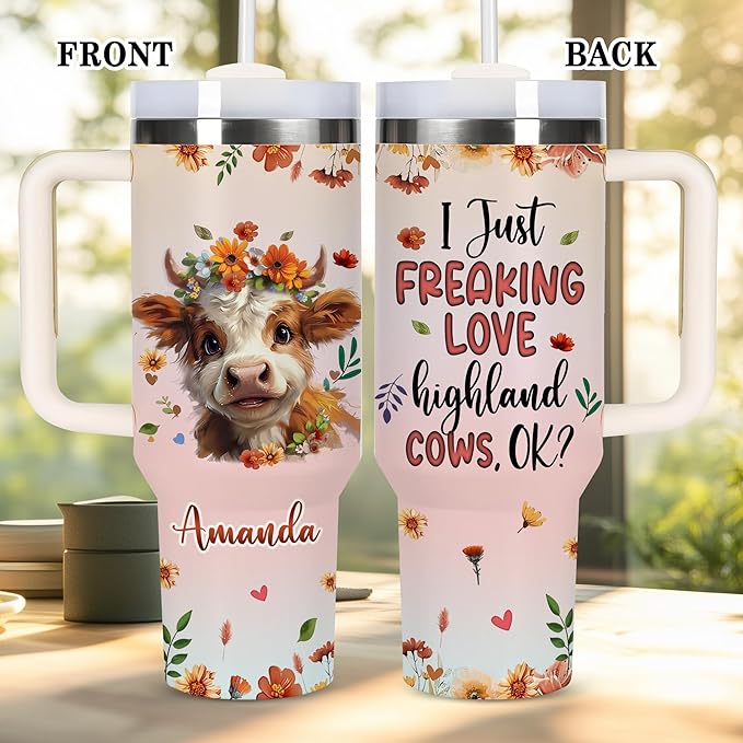 AGGLOMEKC Personalized Cute Cow Cup - Mother's Day Birthday Gift For Animal Lovers - Just A Girl Who Loves Highland Cow Tumbler 40oz With Custom Name - Pet Lover Gifts For Women, Her