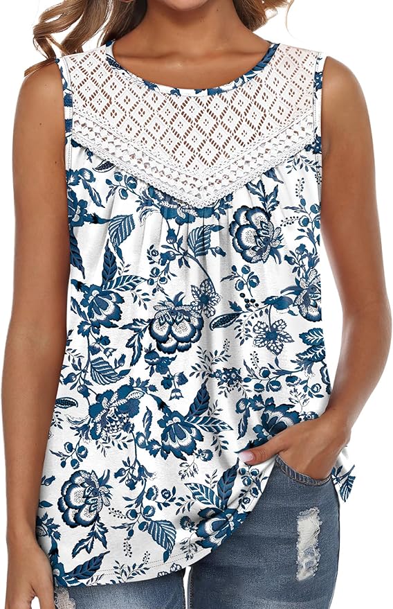 XIEERDUO Womens Tank Tops Sleeveless Lace Crochet Boho Tops Loose Fit Pleated Tunics Crewneck Summer Vacation Outfits Flowy