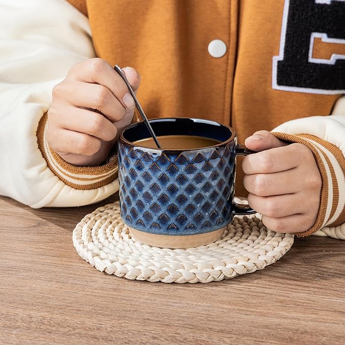 GBhome 15OZ Stackable Coffee Mugs, Ceramic Coffee Mugs with Texture Patterns for Man,Woman,Dad,Mom, Modern Coffee Mugs Set of 4 for Latte/Cappuccino/Cocoa. Dishwasher&Microwave Safe,