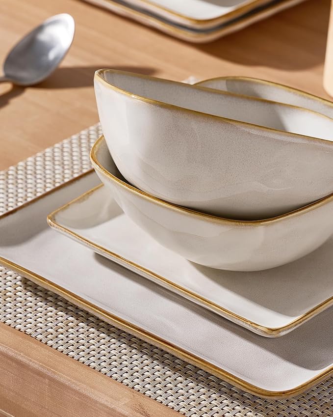 Famiware Ocean Square Plates and Bowls Set, 18 Pieces Dinnerware Sets, Dishes Set for 6, Microwave and Dishwasher Safe, Scratch Resistant, Cappuccino White
