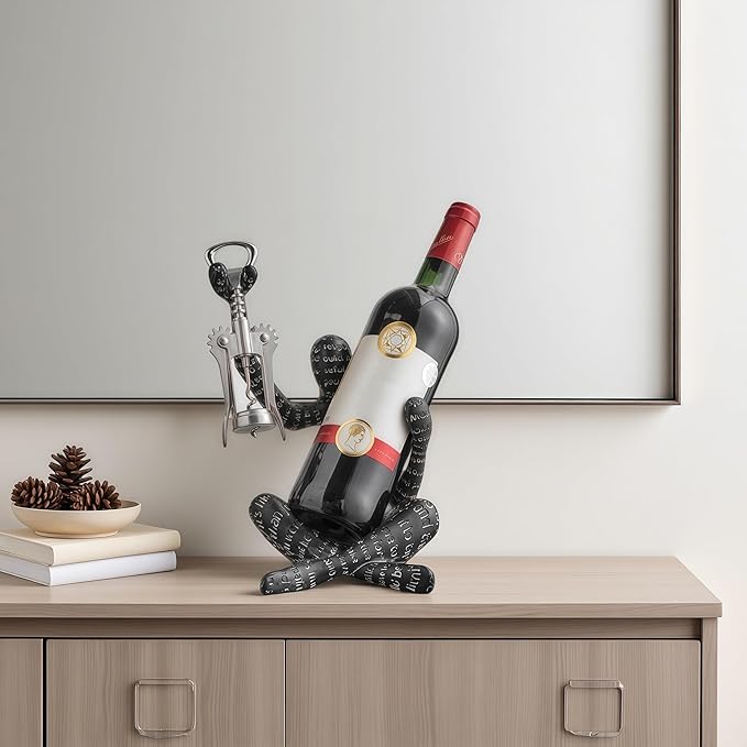 XINXUAN Abstract Wine Bottle Holder Home Decor, Resin Hollow-Out Design Decorative Wine Rack (Letter - Black)