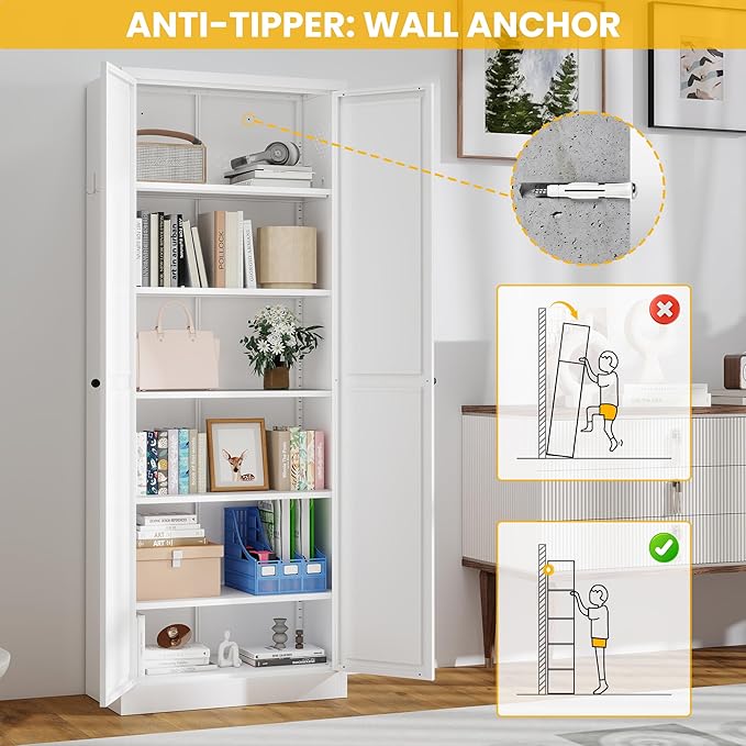 72" Metal Storage Cabinet, Large Capacity Pantry Cabinet with 6-Tier, Kitchen Storage Cabinet with 2 Doors and 5 Adjustable Shelves for Home, Kitchen, Dining, Living Room (White)
