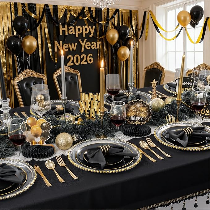 KIRE 60PCS Black Plastic Plates - Black Disposable Plates with Gold Rim for Halloween Party/Graduation - Include 30Pcs 10.25inch for Dinner and 30Pcs 7.5inch for Dessert