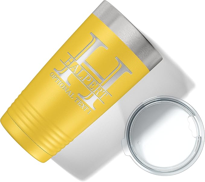 Personalized 20oz (17 Colors) Powder Coated Insulated Stainless Steel Tumbler with Lid, Custom Etched, Customized Engraved Gift Idea for Women Men Her Him, Halpert Monogram Initial Name (Yellow)