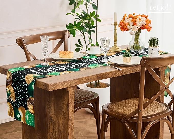 Letjolt Golden Green Balloon Happy Birthday Table Runner 72 Inches Celebrate Birthday Party Table Decor