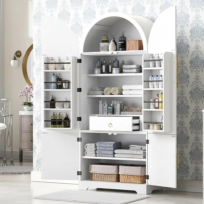 72" Tall Arched Kitchen Pantry, Modern Fluted Wood Storage Cabinet with 3 Adjustable Shelves and Hidden Drawer, Versatile Cupboard for Dining Room, Living Room, Bathroom, White