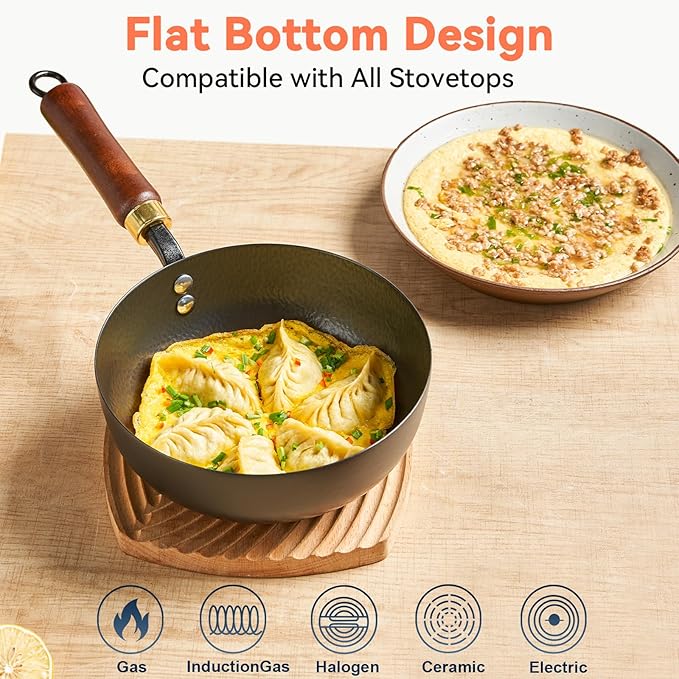 WANGYUANJI 8 Inch Hammered Iron Stir Fry Pan for 1?? Servings, Removable Beechwood Handle, Traditional Small Wok for Searing, Saut챕ing, Stir-Frying ??Non-Coated, Stovetop Compatible