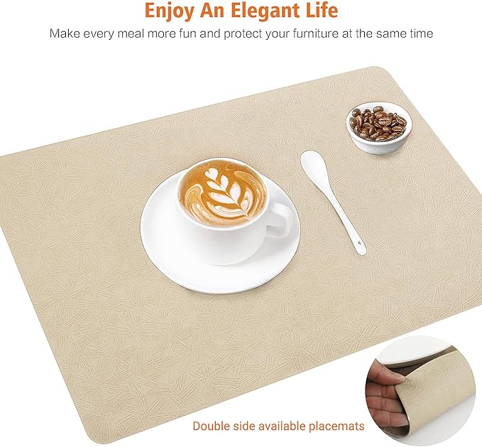 Bxzandya Vinyl Placemats Set of 8 Heat Resistant Easy Clean Non-Slip Place Mats for Dining Table Faux Leather Waterproof Stain Resistant Wipeable Washable PVC Table Mats(8, Beige)