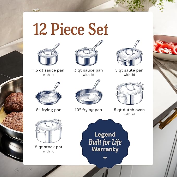 LEGEND COOKWARE 5-Ply Stainless Steel Cookware Set, 12-Piece Pots and Pans Set - Induction Compatible, Oven Safe 800째F - Non-Toxic, No Coatings - Built to Last Generations