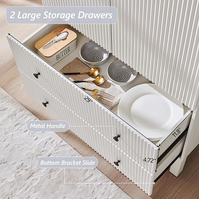71" Tall Arched Pantry Cabinet, Fluted Kitchen Storage Cabinet with Adjustable Shelves and 2 Large Drawers, Freestanding Morden Versatile Cupboard for Living Room, Bathroom, White