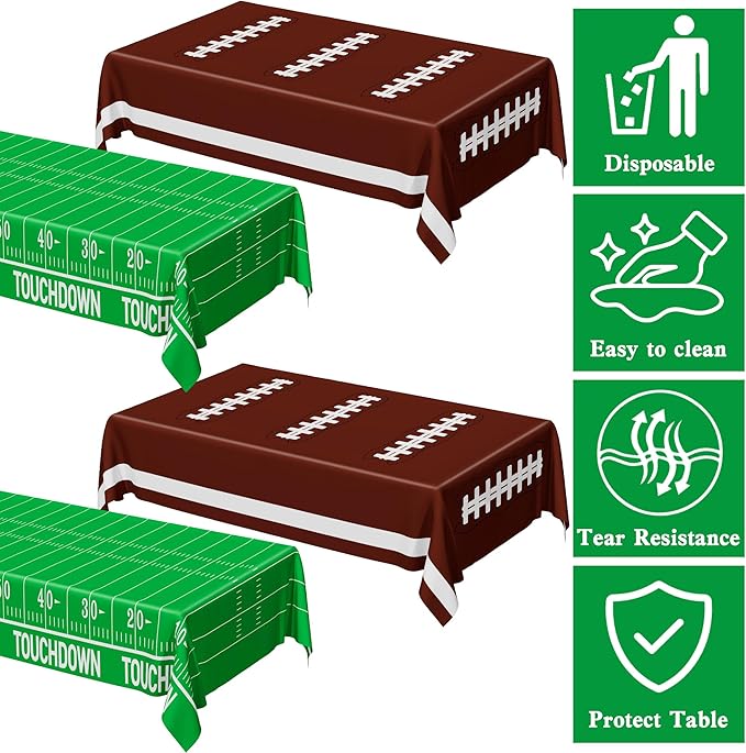 QZYL Football Party Supplies, Disposable Football Tablecloth, 4 PCS Table Cloth with 2 Styles, Touchdown Theme Tablecloths, Plastic Table Runner for Game Day Party Decorations