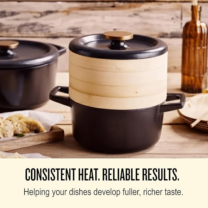 Alva Nori 2.5-Qt Enameled Cast Iron Dutch Oven Steamer Set ??Made With No PTFE/PFOA/PFAS, Oven & Induction Safe ??3-Layer Enamel, No Seasoning Needed ??Durable, Easy-Clean Cocotte with 2 Steamer Inserts