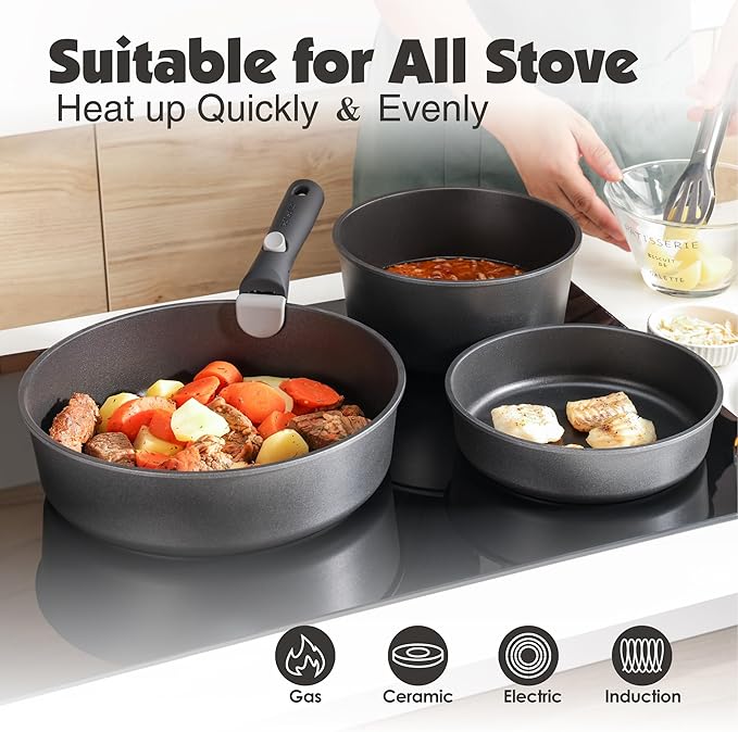 SENSARTE 24 Piece Pots and Pans Set, Nonstick Detachable Handle Cookware, Induction Kitchen Cookware Set with Removable Handle, Healthy Non Stick for RV, Dishwasher竊냀ven Safe (Black)