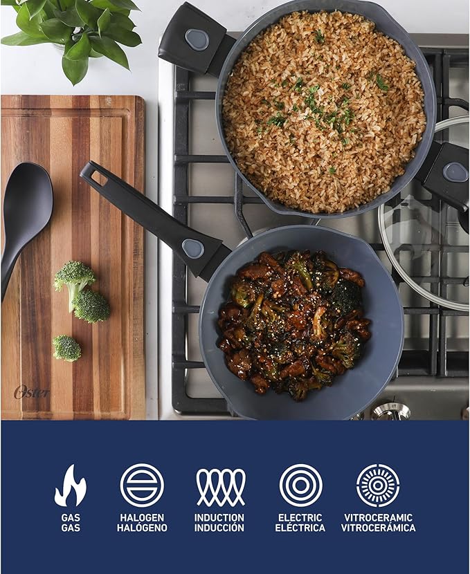 Oster SmartHandle Advance 13-Piece Ceramic Nonstick Cookware Set ??Matte Black Finish, Gray Interior, Induction Base, Detachable Handles, Oven & Dishwasher Safe, With Utensils & Pan Protectors