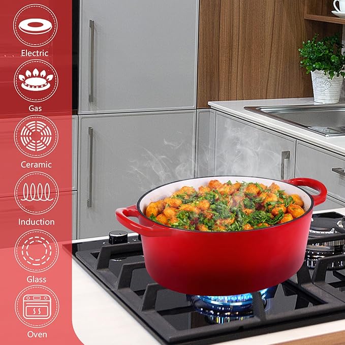 P&P CHEF Oval Dutch Oven with Lid, Enameled Cast Dutch Oven Pot for Bread Baking, Braising, Stewing, Roasting, Non-Stick & Oven Safe, Dual Handles & Easy Clean, 7QT & Red