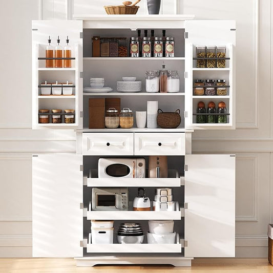 Ball & Cast 71?쿟all Farmhouse Kitchen Pantry Cabinet with 3 Pull Out Shelves & 2 Large Drawers,Versatile Pantryl Storage Cabinet w/ 6 Door Shelf & Adjustable Shelves for Kitchen,Dining Room,White