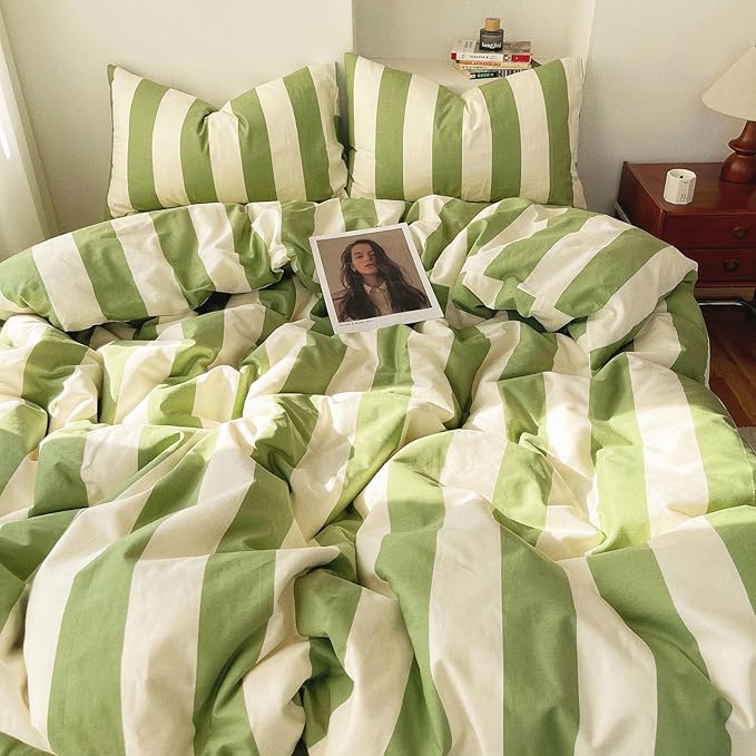 LifeTB Striped Comforter Set King Green White Stripes Pattern Printed Comforter Soft Fluffy Lightweight Bedding Set for All Seasons Reversible 3 Pieces Farmhouse Stripe Comforter with 2 Pillowcases
