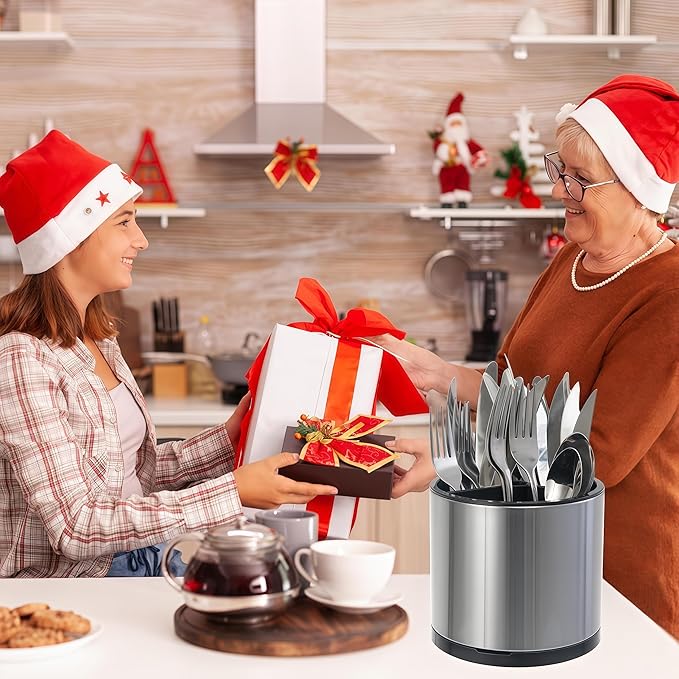 Kitchen Utensil Holder Extra Large 360째Rotating For Counter Organizer Stainless Steel Storage Cooking Silverware Caddy 3 Compartment Flatware Spoon Spatula Tool Cutlery Container