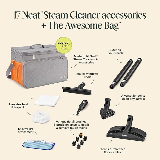 Dupray Neat Steam Cleaner with 18-Piece Kit ??(Neat with the Awesome Bag) Powerful, chemical-free cleaning for floors, cars, tiles, grout, and more. *Kills 99.9% of Bacteria & Viruses