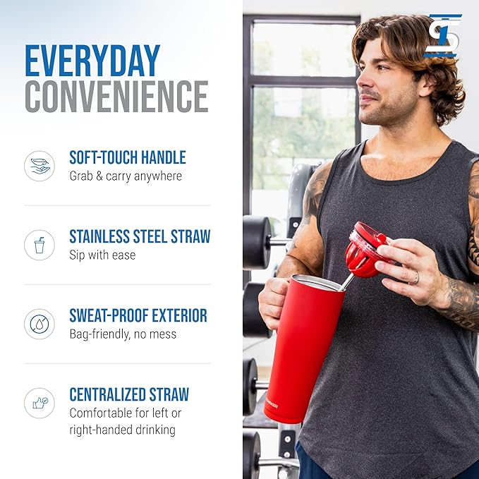 Ice Shaker 40 oz Tumbler with Handle and Straw | 40oz Red | Cold for 30+ Hours | 2-in-1 Tumbler Shaker Bottle | Odor-Free 40 ounce Bottle for Water, Protein Shakes, Smoothies, Cocktails