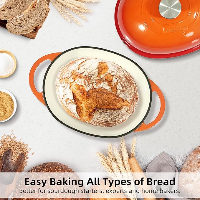 Davivy 6QT Oval Cast Iron Sourdough Dutch Oven with Silicone Baking Mat, Dutch Oven for Sourdough Bread, Non-stick Cast Iron Bread Cloche Bread Pan - Flame Orange
