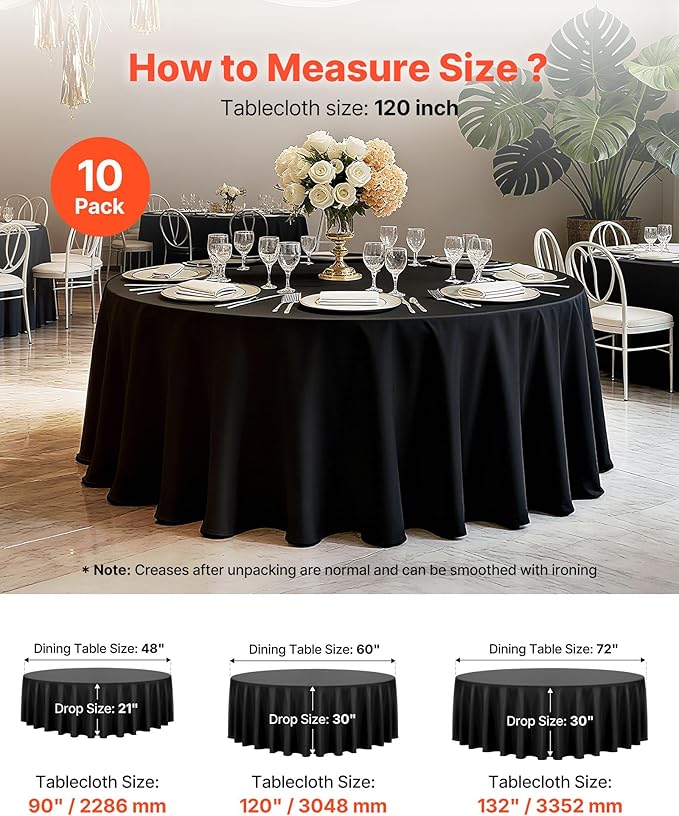 VEVOR Black Round Tablecloths 10 Pack, 120 Inches in Diameter, Stain- & Wrinkle- Resistant, Machine Washable Table Clothes, Polyester Fabric Table Covers for Wedding, Party, Banquet, Formal Events