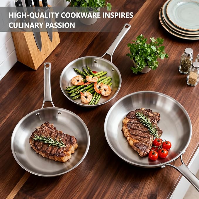 Bonnlo 5 Pieces Cookware Set, 3-Ply Stainless Steel Skillets Set with Lids, Chef's Pan Kitchen Set, Oven & Dishwasher Safe, Induction Cooking Set, PFOA & PTFE Free, Compatible for All Cooktops
