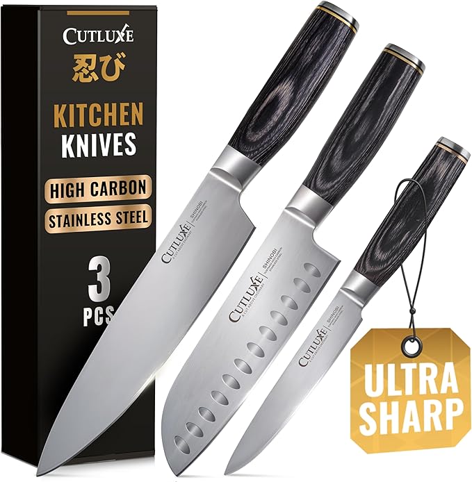 Cutluxe 3-Piece Chef Knife Set ??Ultra Sharp Japanese Kitchen Knives, High Carbon Stainless Steel Blades, Full Tang Pakkawood Handles ??Shinobi Series