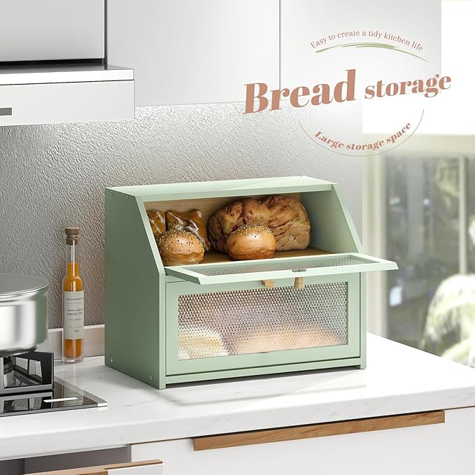 Bread Box for Kitchen Countertop Bin Double Layer Bread Box Storage Container Extra Large Capacity Farmhouse with Diamond Pattern Windows (Green, Large)
