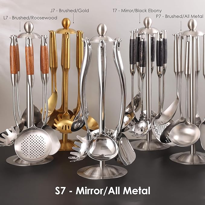 18/10 Stainless Steel Cooking Utensils Set with Holder, 7-Pieces All Metal Kitchen Utensils, 15?쇺?Long Kitchen Tools with Countertop Rotating Stand, Spatula, Ladle, Skimmer, Tunner, Pasta, Large Spoon