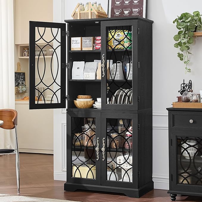 67" Tall Pantry Cabinet Set of 2, Vintage Kitchen Pantries Cabinets with Glass Doors & Adjustable Shelves, Wood Cupboard with Large Storage for Dingning Room, Bathroom, Black