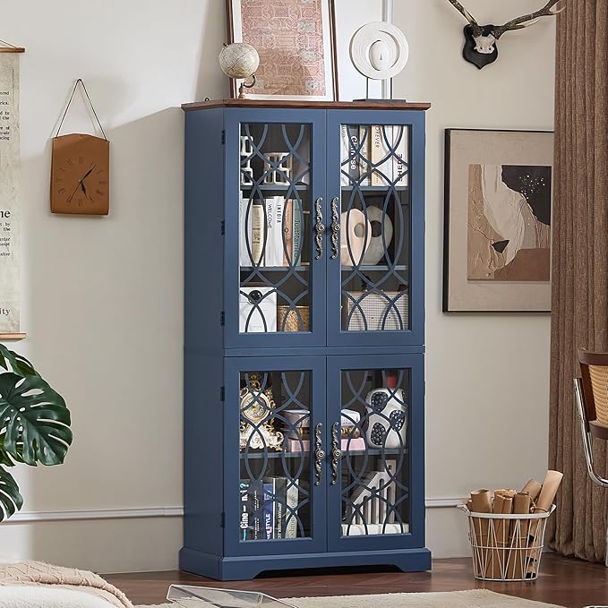 67" Tall Pantry Cabinet Set of 2, Vintage Kitchen Pantries Cabinets with Glass Doors & Adjustable Shelves, Wood Cupboard with Large Storage for Dingning Room, Bathroom, Navy Blue