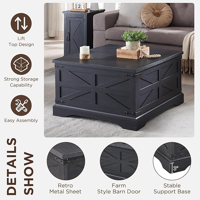 JXQTLINGMU Farmhouse Lift Top Coffee Table with Storage, 36" Wood Square Center Table with Large Hidden Compartment, Rustic Lift Tabletop Dining Table for Home Living Room, Black