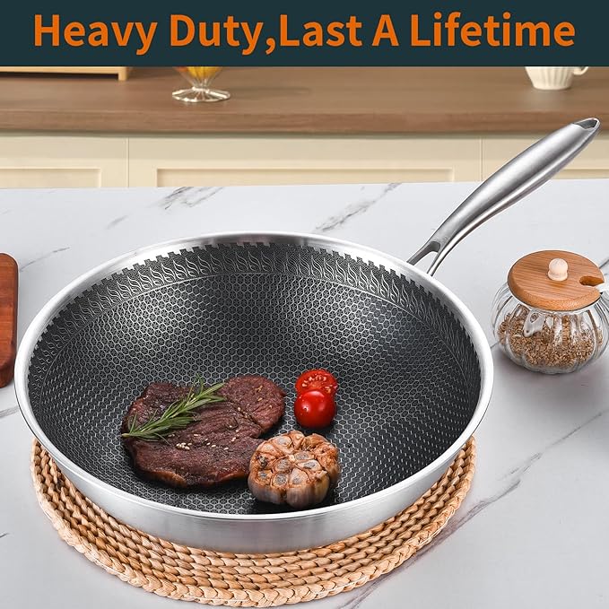 DELARLO Tri-Ply Stainless Steel Wok Pan With Lid 13 Inch, Oven Safe Up to 600??Woks & Stir-Fry Pans Nonstick Wok, Deep Frying Pan Efficent Fast Even Heating