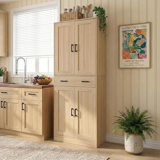 71" Tall Kitchen Pantry Cabinet, Freestanding Storage Cabinet with Drawer and 4 Doors, Large Oak Utility Floor Cupboard with Adjustable Shelves for Dining Room, Bathroom, Home Office
