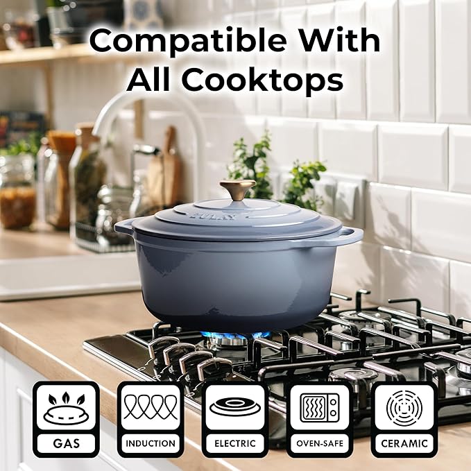 Zulay Kitchen 6 Quart Enameled Cast Iron Dutch Oven Pot with Lid ??Premium Durability & Oven Safe up to 500째F ??Heavy Duty Cookware Perfect for Bread Baking, Stews, Braising & Roasting - Aquamarine