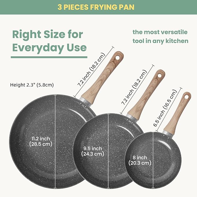 Fry Pan Nonstick 3 Piece, Stretched Aluminium Cookware - 8", 9.5", 11" Skillets Fry Pans with Induction Bottom