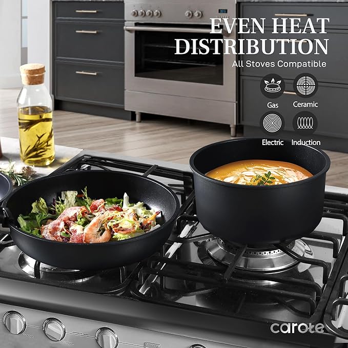 CAROTE 20pcs Non Stick Pots and Pans Set with Temperature Spot, Detachable Handle Nonstick Cookware Set Black, Dishwasher/Oven Safe,RV Camping Cooking Set, Kitchen Pot and Pan Set