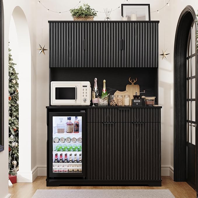 69" Kitchen Pantry with Fridge (Fridge Included), Fluted Coffee Bar Cabinet with Storage Hutch, Tall Wine Bar Cabinets with Drawers & Wide Countertop for Living Room, Dining Room, Black