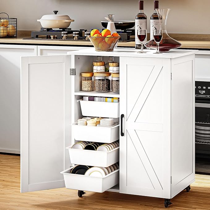 Kitchen Island Cart with Storage, Rolling Cabinet on Wheels, Compact Utility Side Table with 9.3" Top Shelf & 8 Removable Bins, Perfect for Small Kitchens, Apartments & RVs
